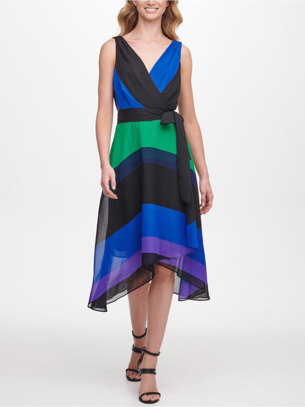 DKNY Womens Black Tie Color Block Sleeveless Party Faux Wrap Dress